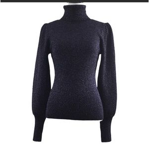 Ann Taylor Black Purple Metallic Turtleneck Sweater with puff shoulder/sleeves